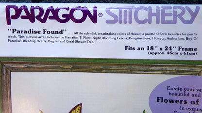 PARADISE FOUND Vintage Crewel Embroidery Kit, Flowers of Hawaii Tropical Hummingbird Paragon 0308 Stitchery Wall Hanging