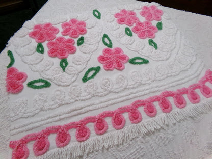 Pink White Floral Vintage Chenille Bedspread Fabric Sewing & Quilt Material 20" x 26"