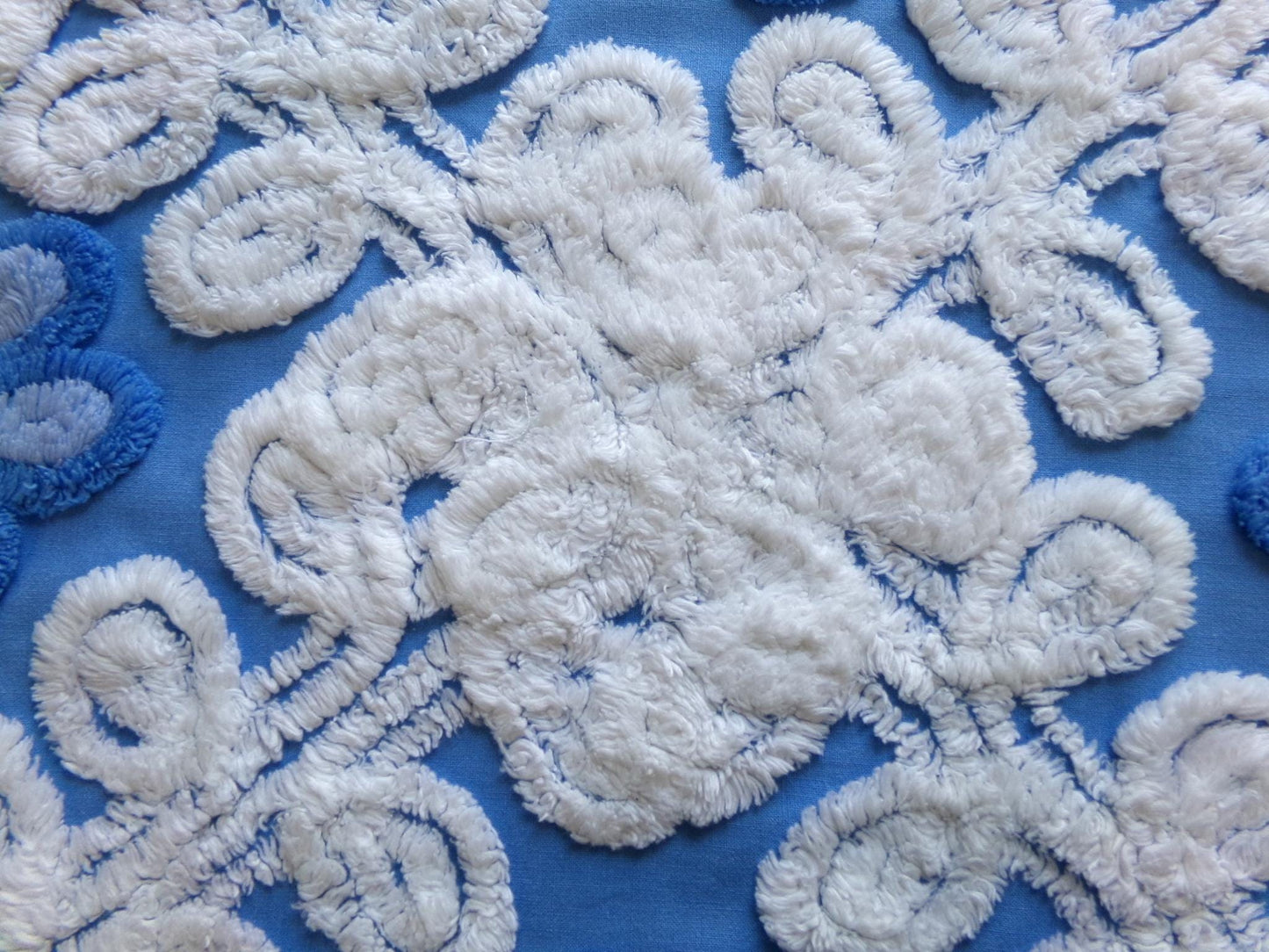 blueberry blossoms vintage chenille fabric, thickly tufted white curlicues & blue rose florals, 27" x 24" cut piece of sewing craft material