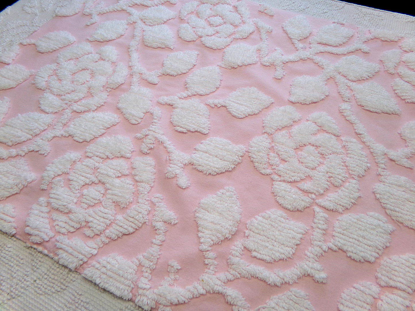 sculpted rose pink vintage chenille fabric, stylized roses cottage chic sewing material, 24" x 20" piece