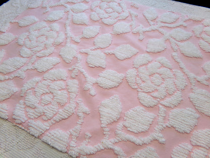 sculpted rose pink vintage chenille fabric, stylized roses cottage chic sewing material, 24" x 20" piece
