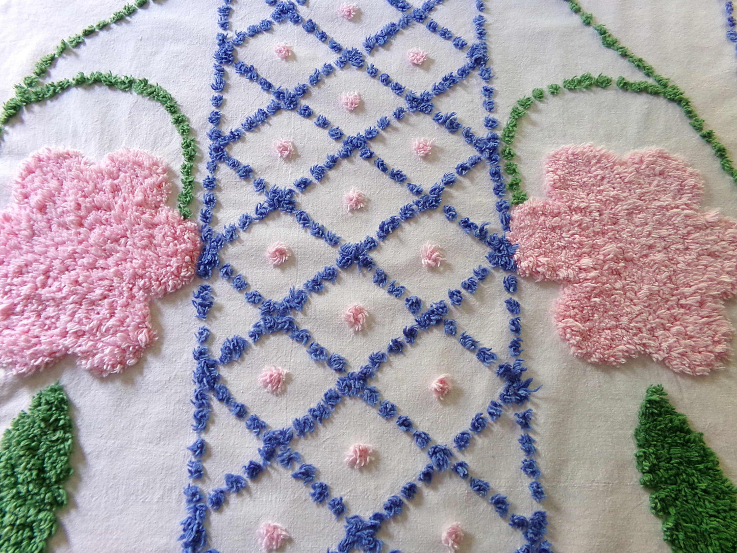 Jumbo Pink Flowers Vintage Chenille Material, 33" x 22" inch Fabric Piece, Blue Diamonds Tufts with Victorian Fringe Edge, Exquisite Design