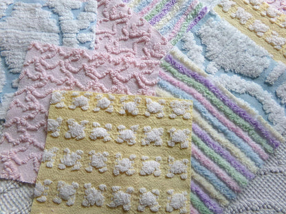 fairyland chenille fabric squares, 16 vintage 6" quilt blocks in pastel rainbow, pink & yellow rosebud, for sewing, crafts, fiber arts