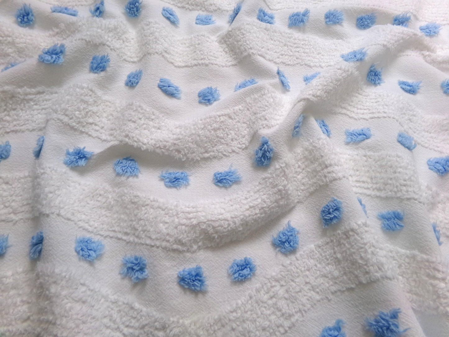 Vintage Chenille Fabric Piece, Shabby Lightweight Blue & White Wave Dots, 16" x 23"