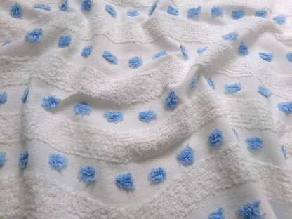 Vintage Chenille Fabric Piece, Shabby Lightweight Blue & White Wave Dots, 16" x 23"
