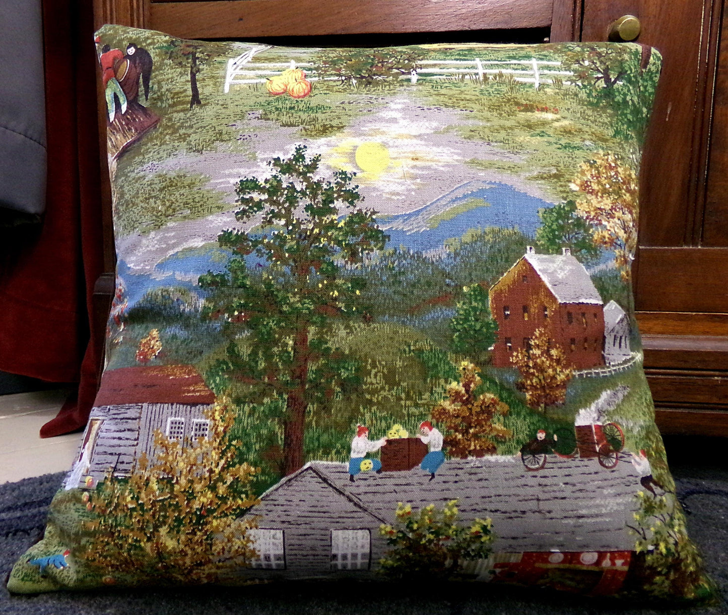 Vintage Barkcloth Pillow Grandma Moses Halloween Folk Art w/ Velvet Back Handmade Americana