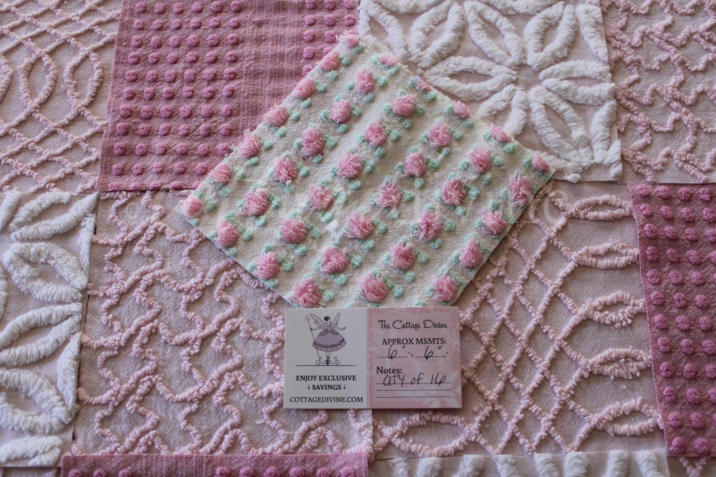 Prettiest Pink Quilt Squares, Daisy Rose Craft Square Set from Vintage Chenille Bedspread Fabric, 17 Blocks, 6" x 6" inch