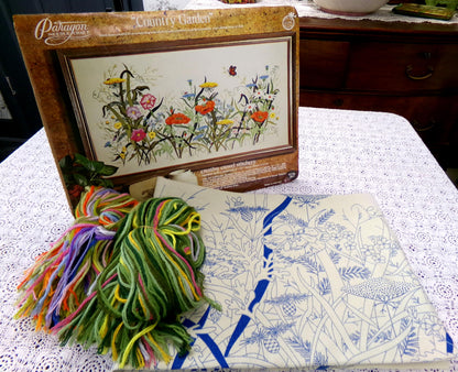 COUNTRY GARDEN Crewel Stitchery Kit, Vintage 0511 Paragon Embroidery Boho Meadow Scene Wall Hanging