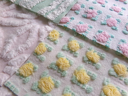 Chenille Squares Set, "Spring Bliss," 16 Vintage Fabric Quilt Blocks, 6" inch in White Daisy, Pink & Yellow Rosebud, Mint Green