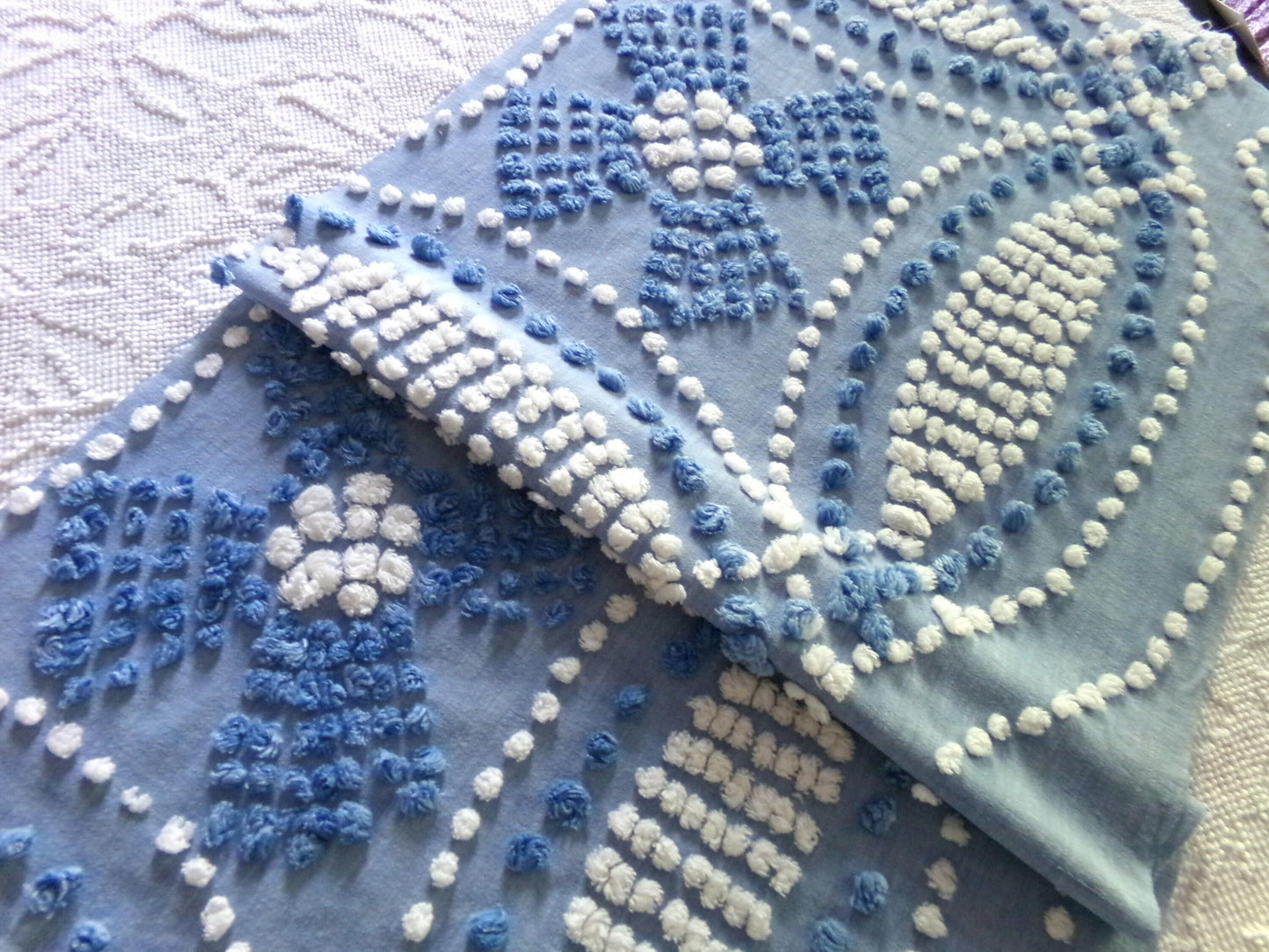 Shabby Beach Chic Vintage Chenille Fabric, Handmade Candlewick Blue & White Bow Design, 18" x 36" cut piece of cotton sewing material