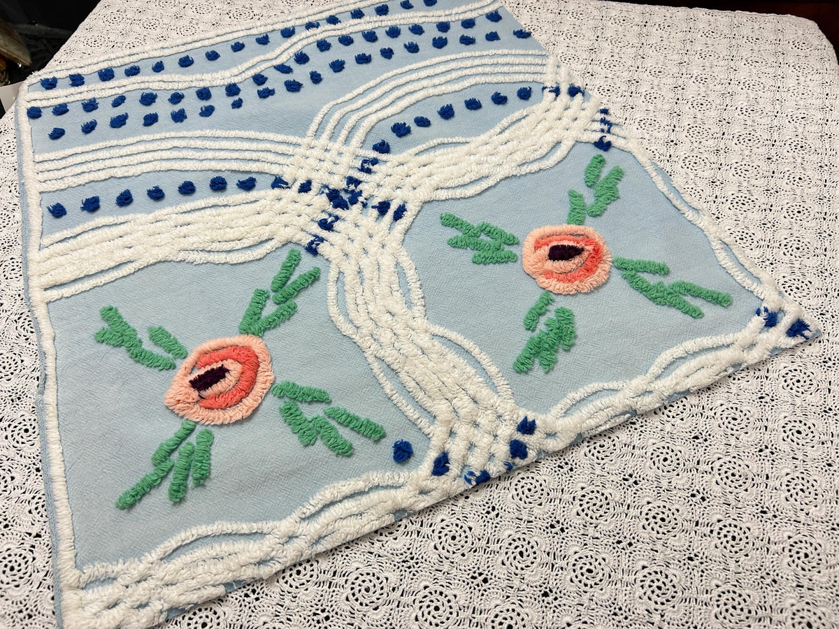 Coastal Blue Vintage Chenille Bedspread Fabric Floral 23x21" Piece