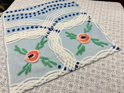 Coastal Blue Vintage Chenille Bedspread Fabric Floral 23x21" Piece