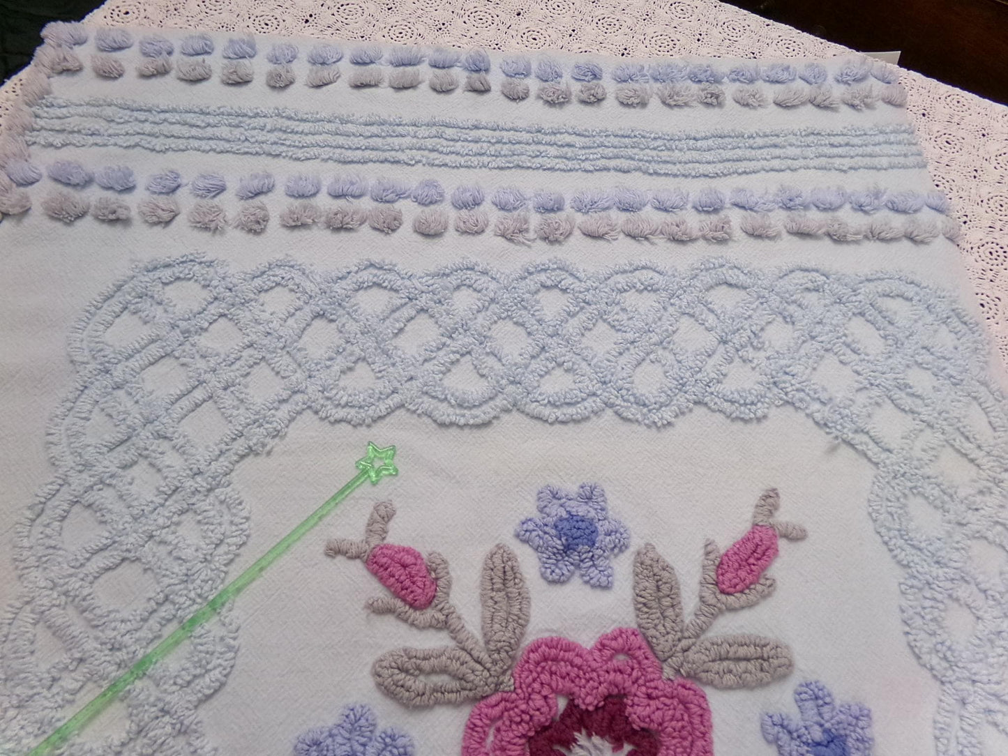 Shabby Blue Floral Vintage Chenille Bedspread Fabric, 23x23" Piece