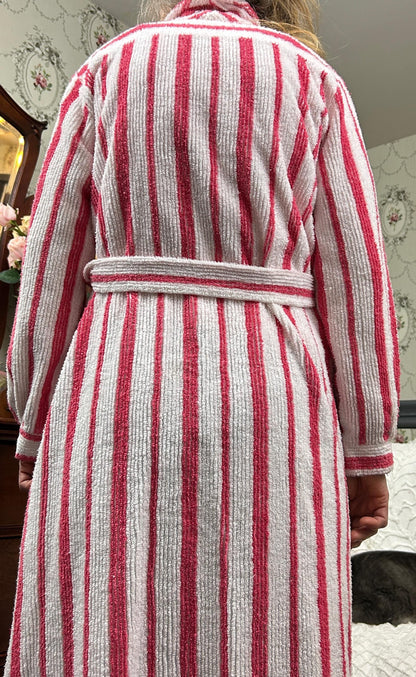 Vintage Chenille Robe Red & White Candy Stripe, Full Length Women’s Small Bathrobe