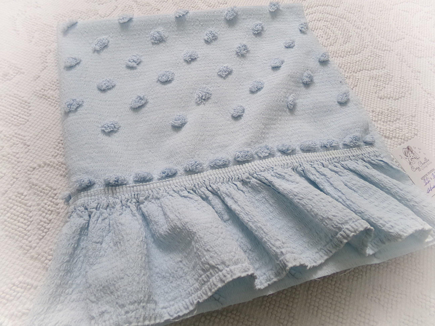 powder blue vintage chenille fabric, tufted dots on cotton seersucker, 22" x 23" piece