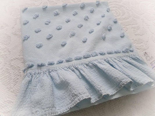 powder blue vintage chenille fabric, tufted dots on cotton seersucker, 22" x 23" piece