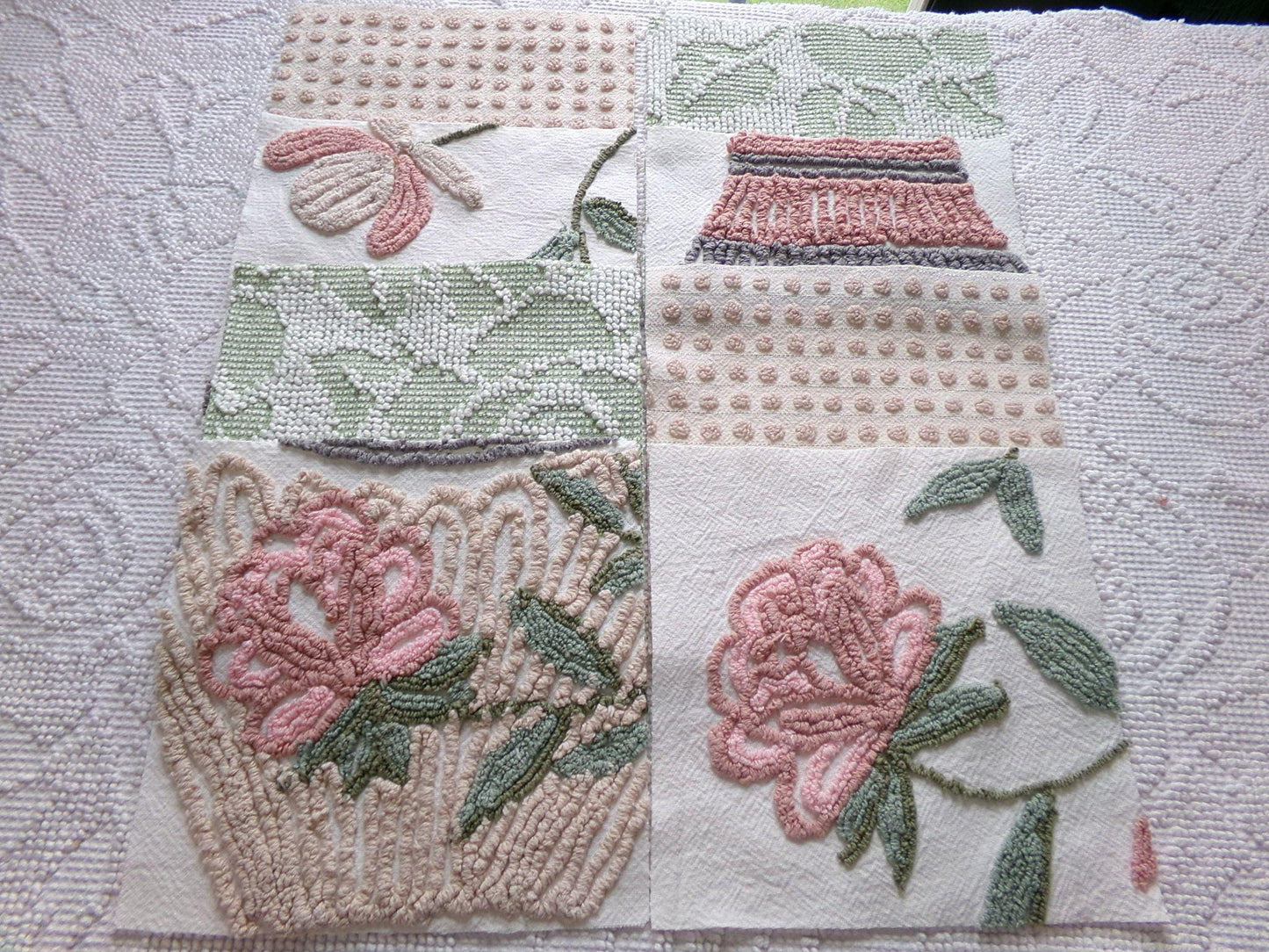 rose garden chenille fabric squares, set of 8 vintage 7.5" quilt blocks, neutrals & chic florals, for sewing, crafts, quilting