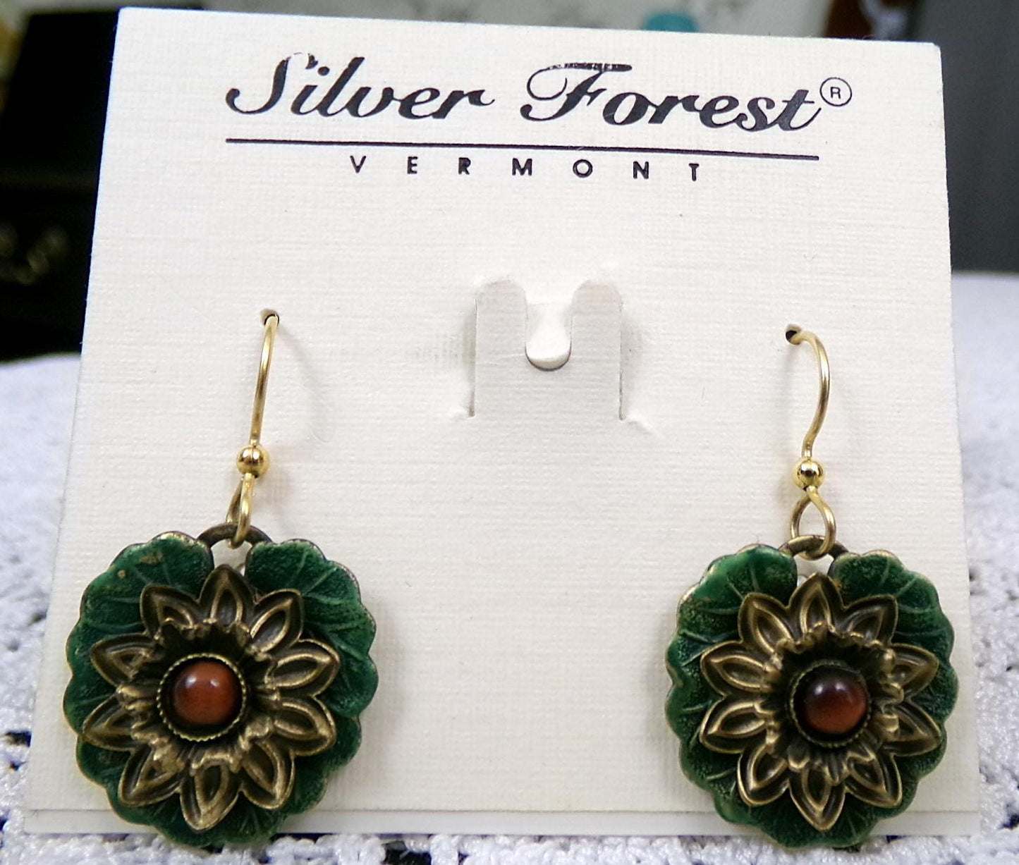 Bold Boho Dangle Earrings Handcrafted Vintage Silver Forest Layered Green Lotus, Center Bead