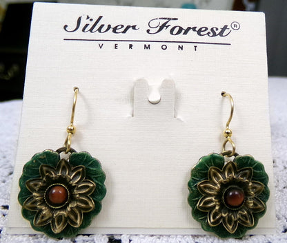 Bold Boho Dangle Earrings Handcrafted Vintage Silver Forest Layered Green Lotus, Center Bead
