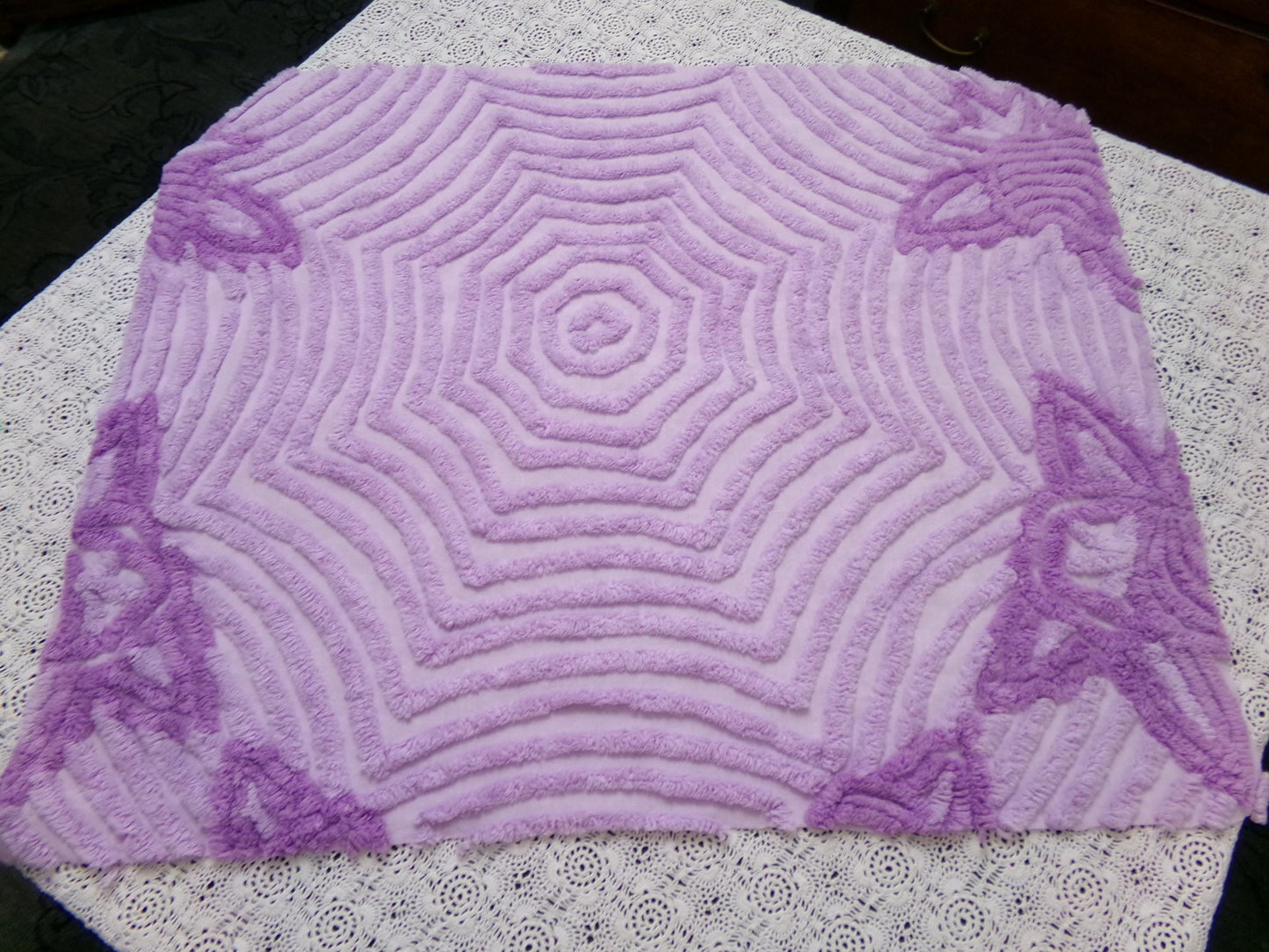 Hypnotic Spiderweb Vintage Chenille Fabric Piece Lavender 23x27" Mesmerizing Design