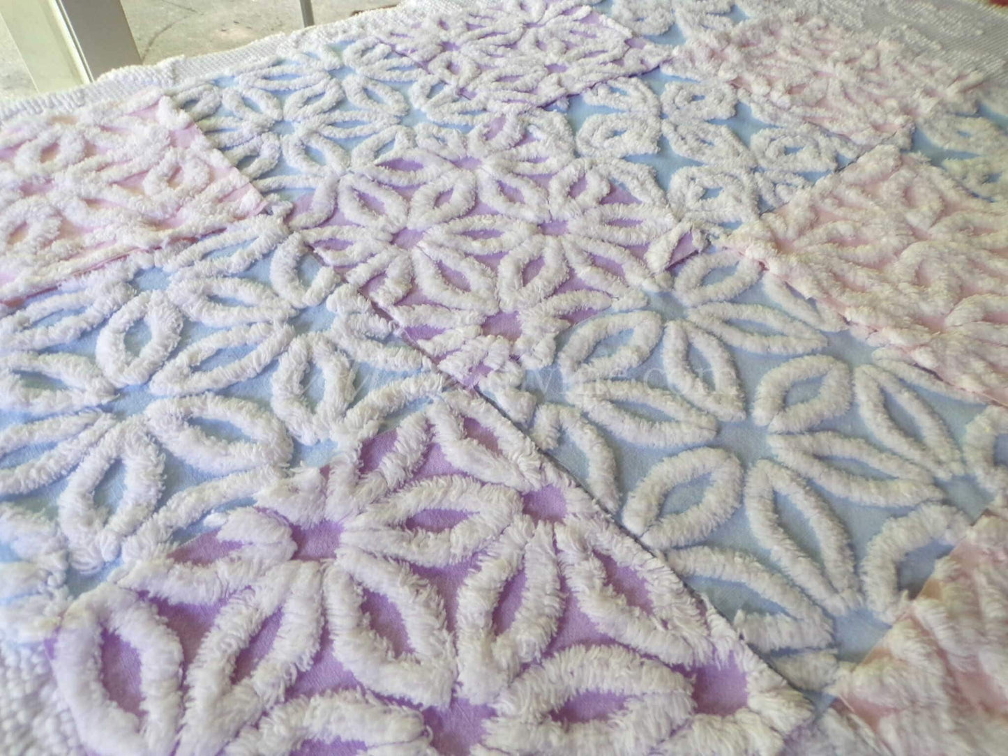 fluffy pastel vintage chenille fabric squares in pink, blue & lilac white, set of 16 quilt blocks, 6" x 6" inches each for quilting, crafts