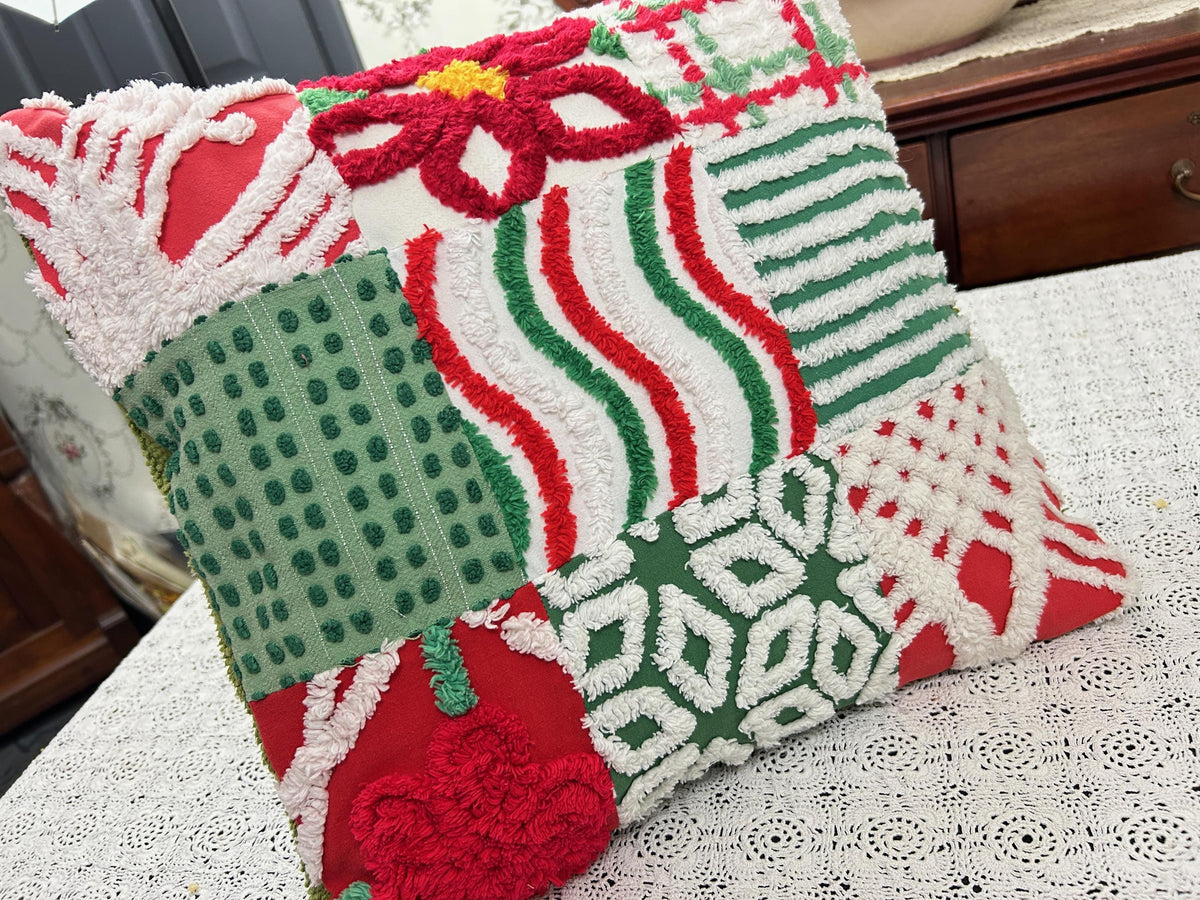 Vintage Christmas Chenille Pillow Cover, 16" Square Reversible Holiday Patchwork Design
