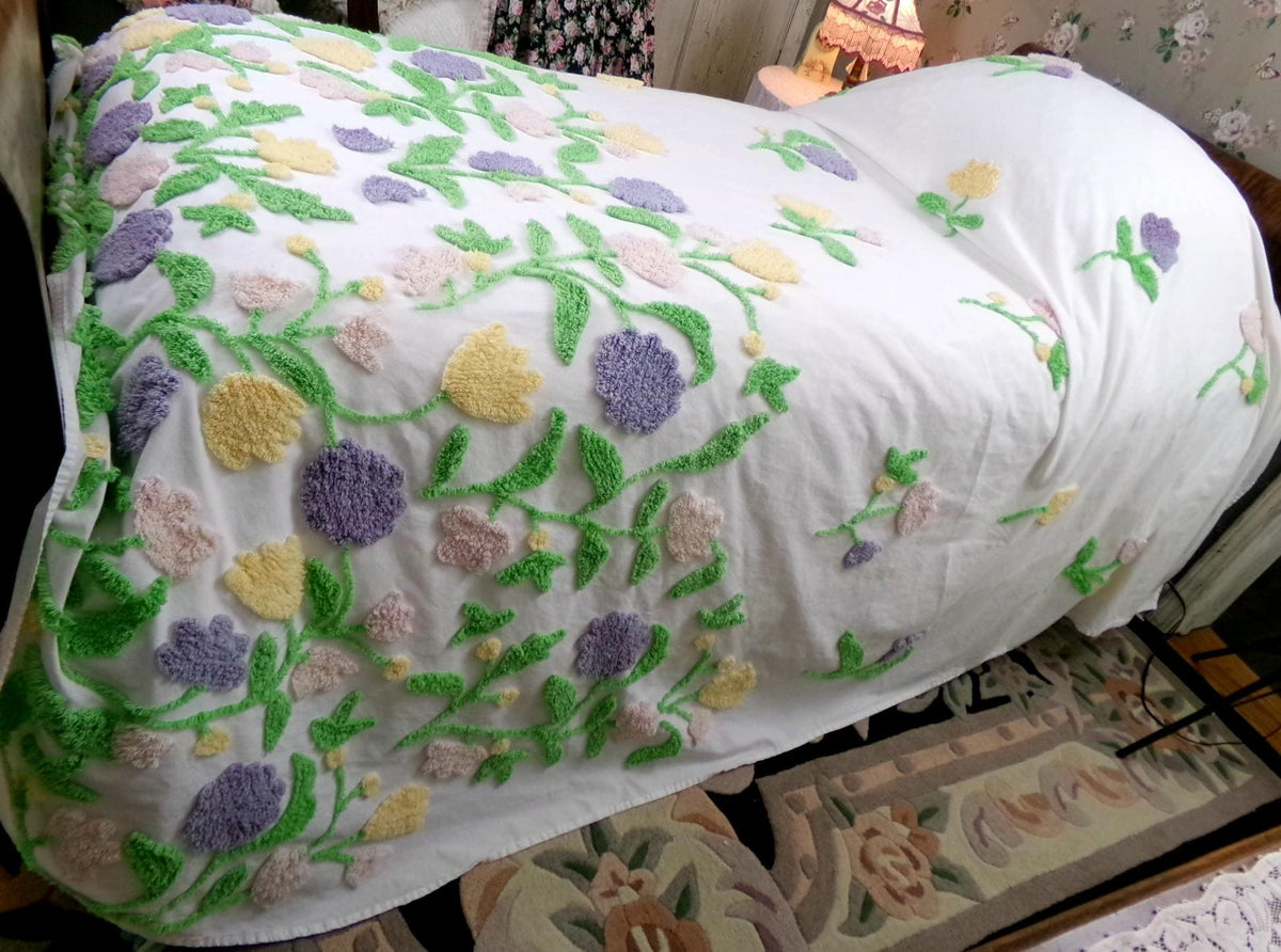 Y2K Vintage Style Chenille Bedspread, Summer Floral Burst TWIN Coverlet