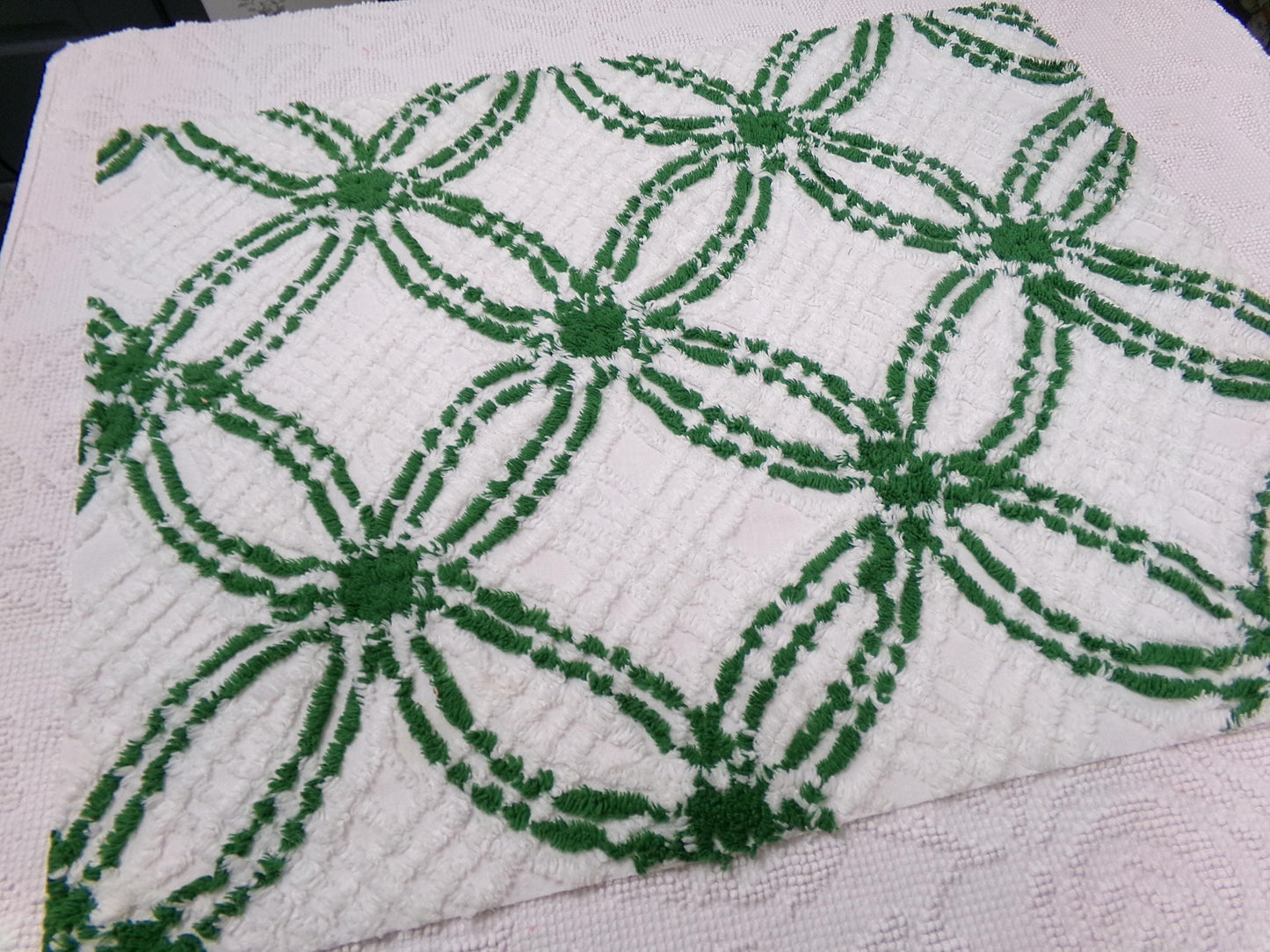 Vintage Green White Chenille Fabric Piece, Interlocking Geometric 18x24" Quilt Material