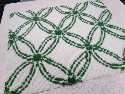 Vintage Green White Chenille Fabric Piece, Interlocking Geometric 18x24" Quilt Material