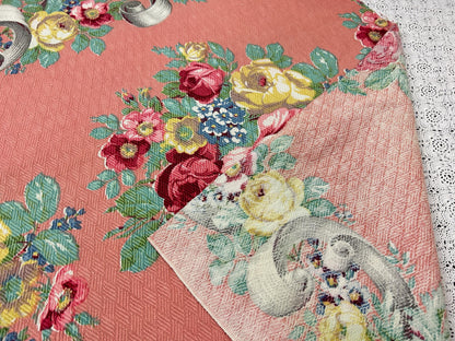 Cabbage Rose Vintage Barkcloth Fabric, Mauve Pink 28x33" Quilt & Craft Panel