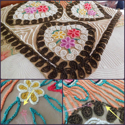 Boho Vintage Peacock Chenille Bedspread, "Opposites Attract" Lovebirds, FULL Sz