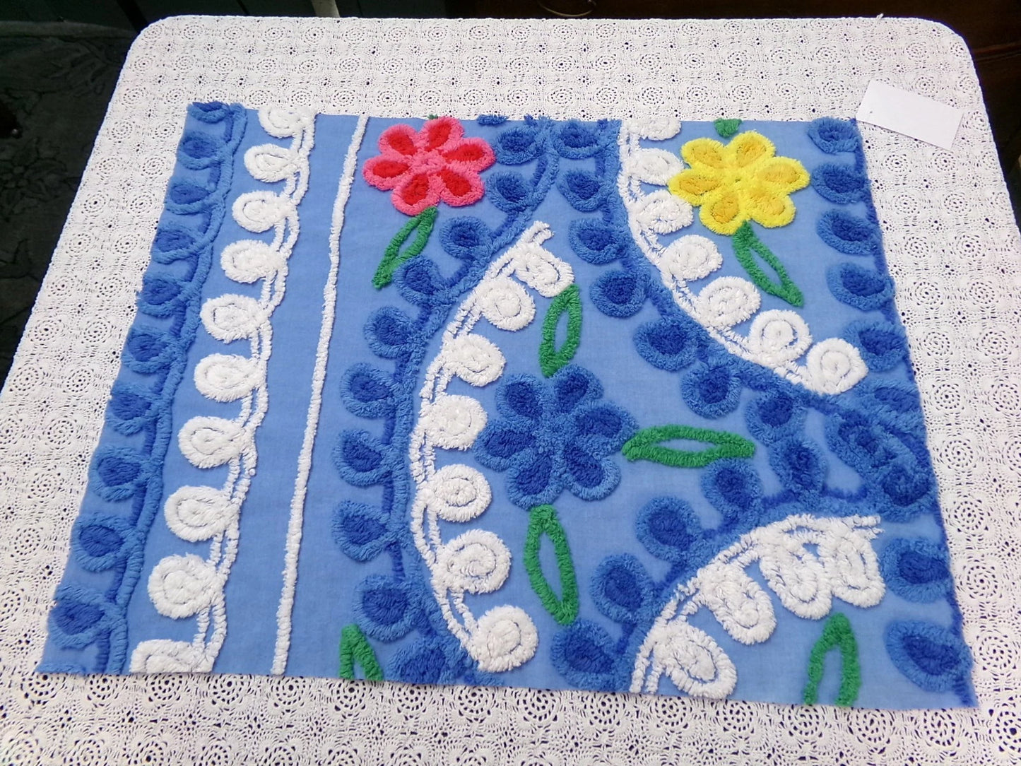Colorful Blue Vtg Chenille Bedspread Fabric 19x24" Pc Floral Sewing Material