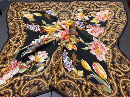 Vintage Ralph Lauren Sheer Scarf Black Floral Tulips Peonies Paisley Border