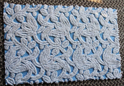 Plush Tufted Tulips Vintage Chenille Fabric, Sky Blue & White, 20" x 31" Inch Piece, Beautiful in Quilts, Pillows