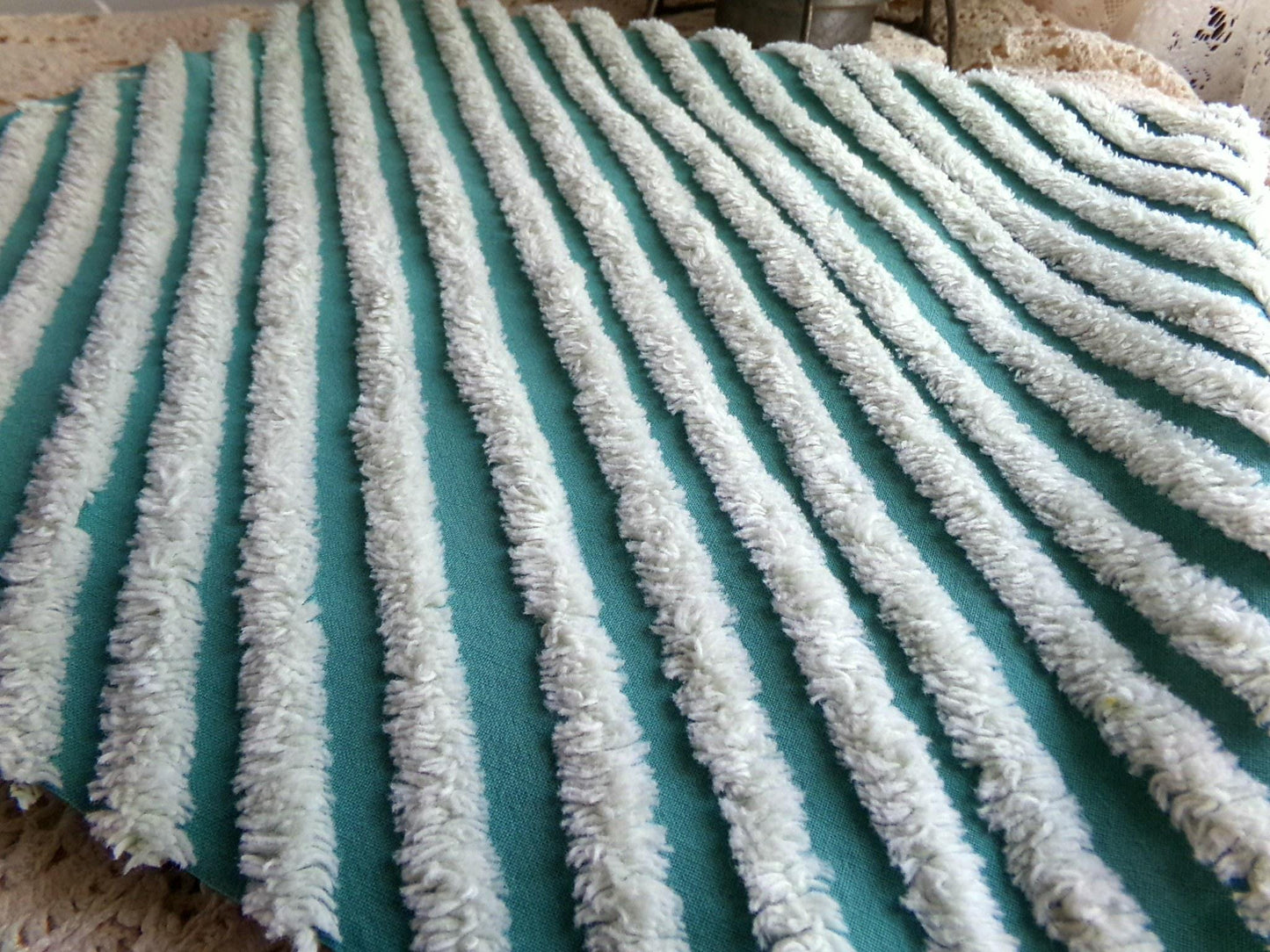 eyecatching plush stripes vintage chenille fabric, tonal green diagonal striped lines, 22" x 25" inch piece of sewing quilt material