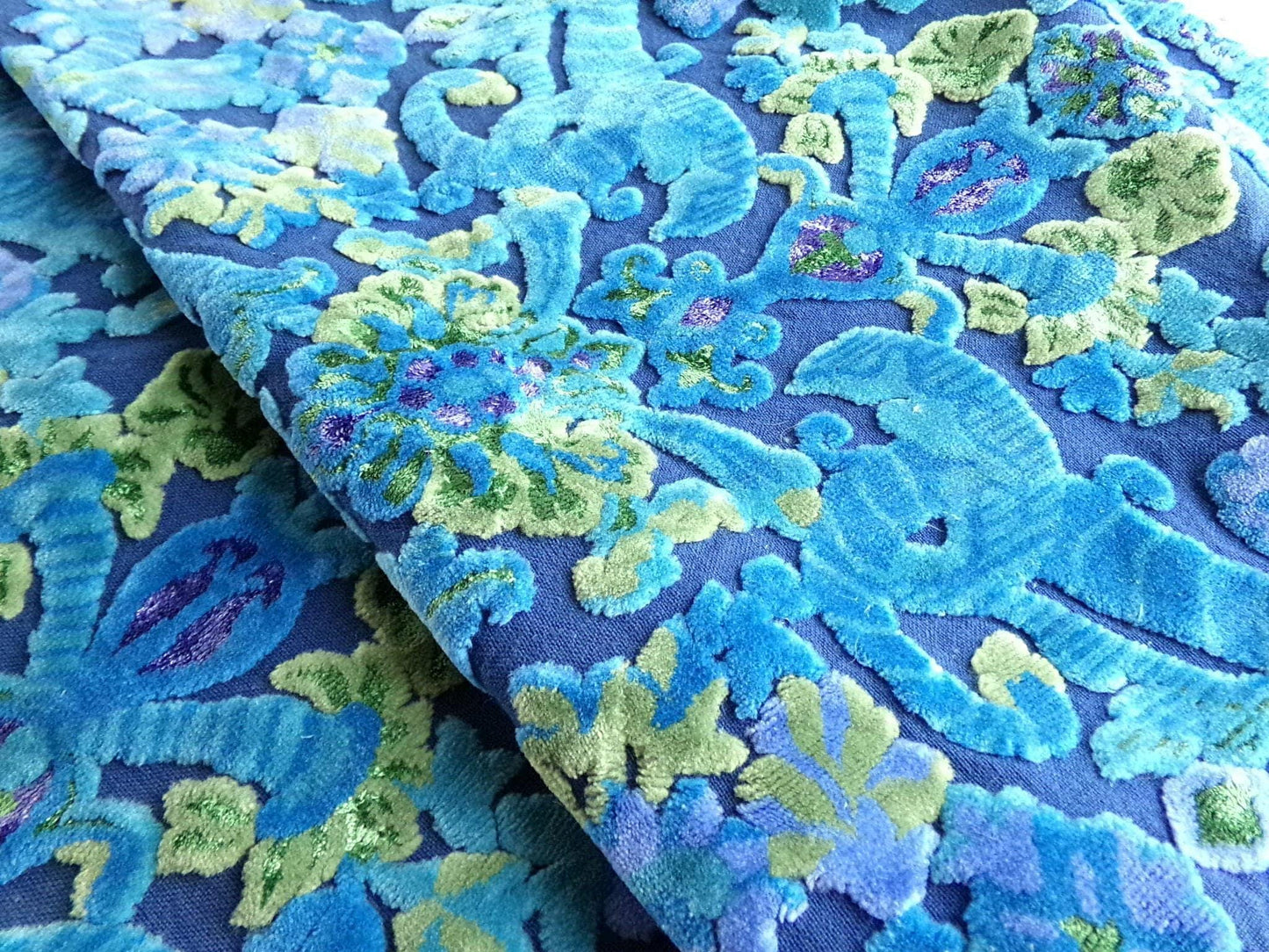 mystic blue vintage cut velvet fabric, ethereal Bates tapestry chenille, 17" x 24" piece sewing material for boho bags