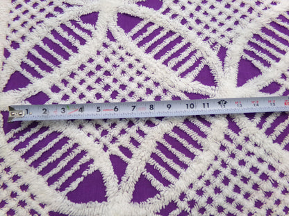 Vintage Chenille Fabric, 21" x 20" inch Piece, Snow White Geometric Design on Grape Purple