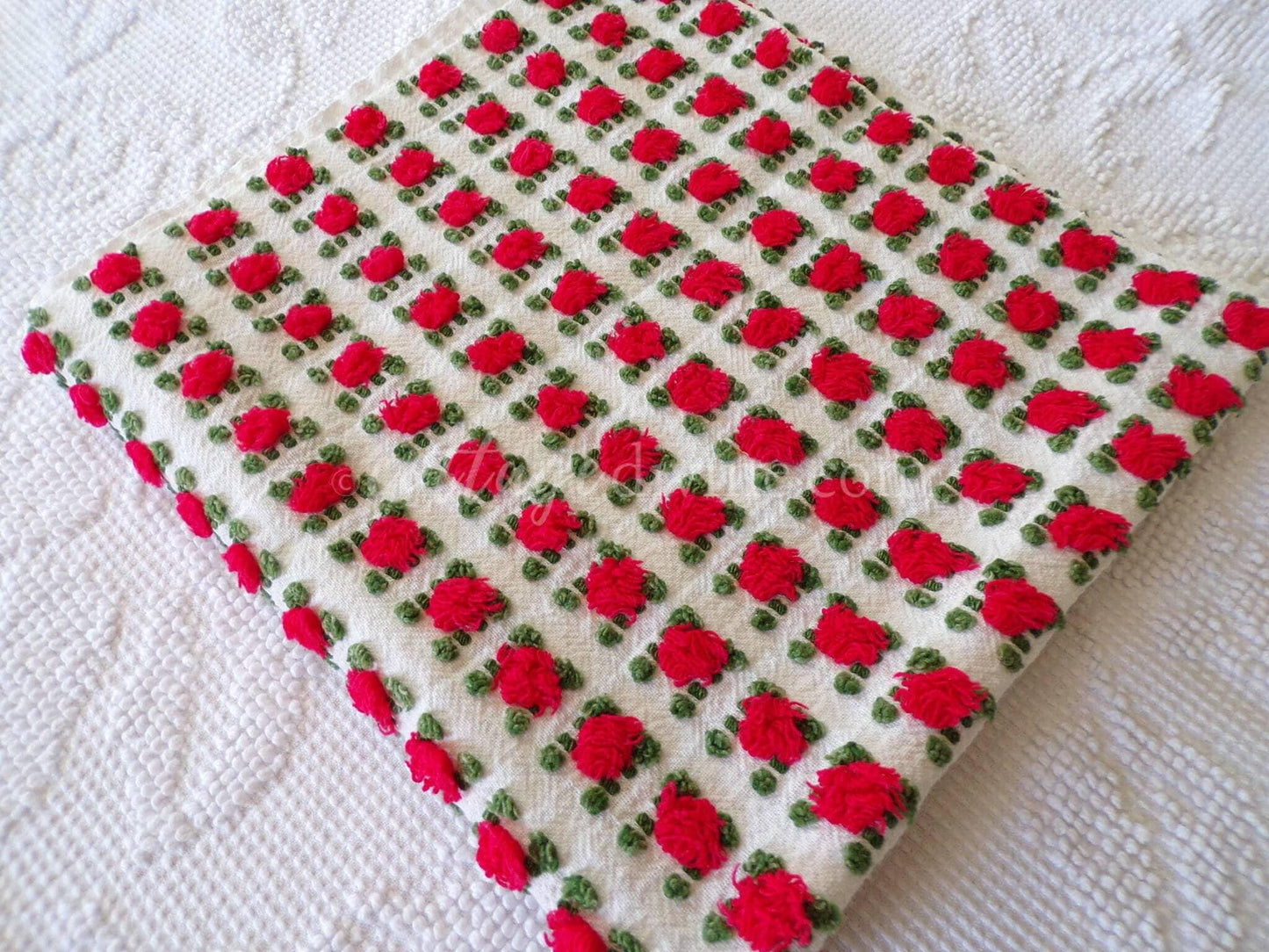 Red Rosebud Vintage Chenille Fabric, Morgan Jones Roses, 18" x 24" inch Piece