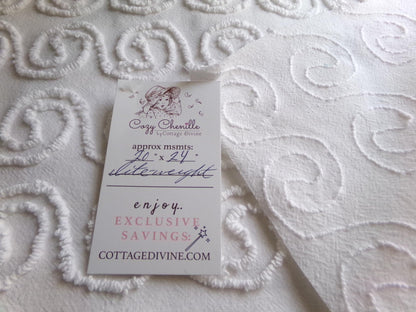 spiral curl squiggles vintage chenille fabric, ultra lightweight white cotton sewing material with great texture, 20" x 24" inch piece