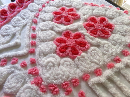 romantic hearts vintage chenille fabric, sweetest plush rose pink flowers, 21" x 26" inch rounded piece cotton sewing material for crafting