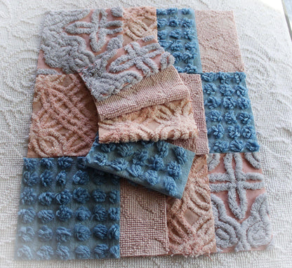 twilight melody vintage chenille fabric squares, set of 16 dreamy 6" quilt blocks, serene blue, rose mist, pink shades