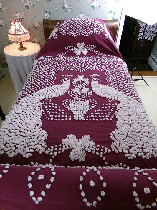 Antique Peacock Chenille Bedspread, Shabby Vintage Victorian Handmade Coverlet in Deep Wine with Snow White Tufting, Full Size Bedding