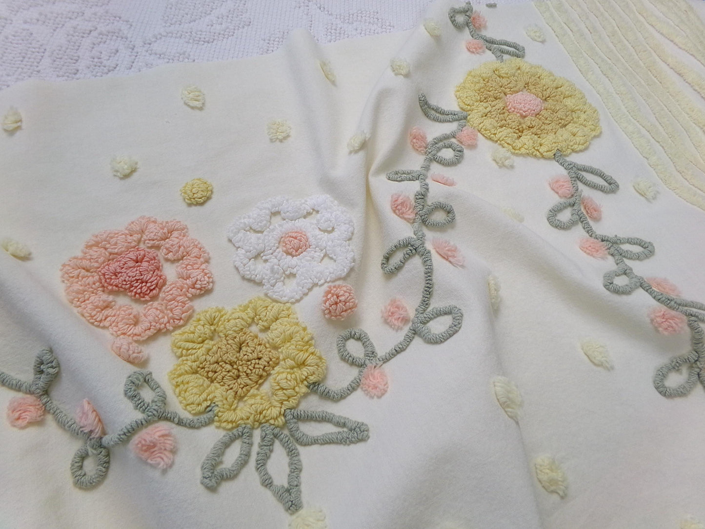 cottage floral vintage chenille fabric, buttercup yellow quilt sewing material, large 19" x 40" piece