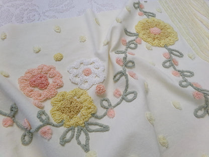 cottage floral vintage chenille fabric, buttercup yellow quilt sewing material, large 19" x 40" piece