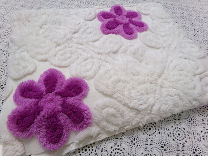 Snowy Violets Vintage Chenille Bedspread Fabric Purple & White 26 x 20" Piece