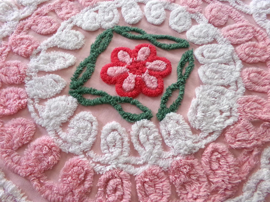shabby pink vintage chenille fabric, cake frosting floral curlicues, 20" x 31"