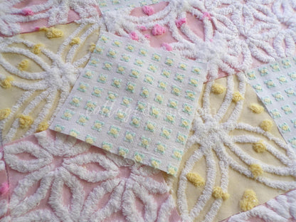 Vintage Chenille Fabric Squares: Springtime Pink & Yellow Set of 16 Quilt Blocks, 6" each