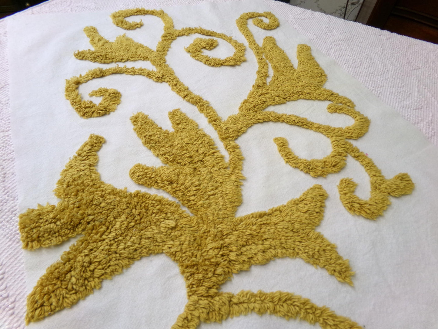 Vintage Gold & White Chenille Fabric: Sophisticated Scroll Design Modern Style Textile Craft Quilting Material, 17" x 27" Piece