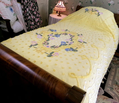 Sunny Floral Vintage Chenille Bedspread, Cotton Summer Coverlet, Twin Sz Bedding