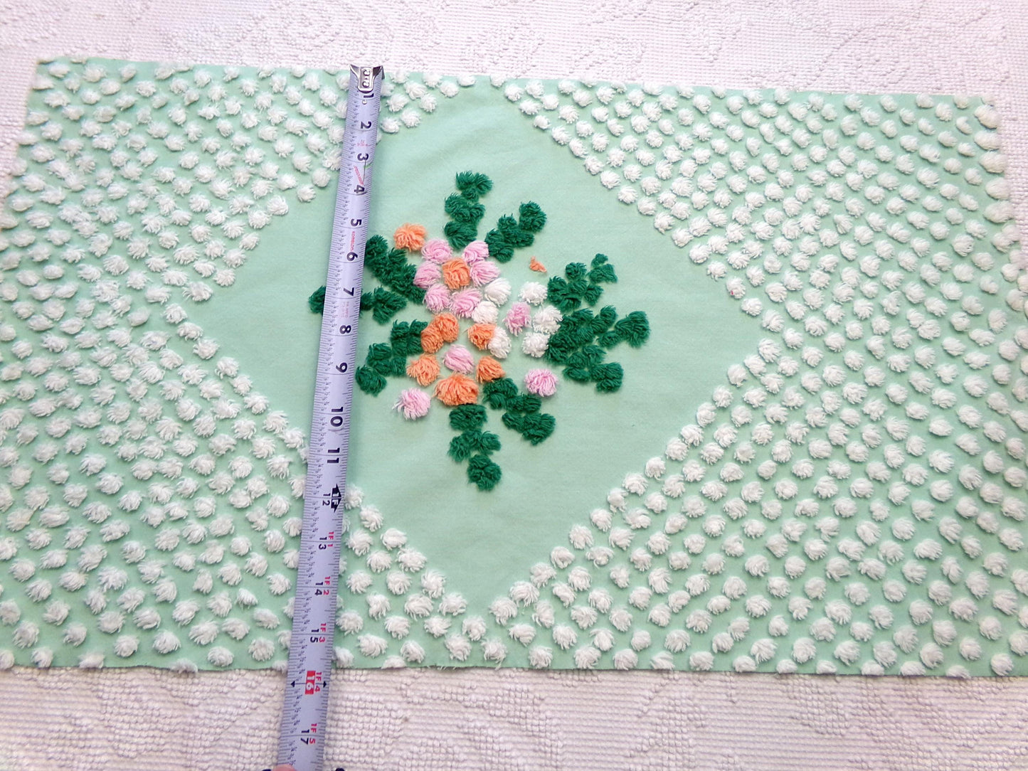 whimsy wildflower dot vintage chenille fabric: 15" x 26" jade green piece for pillows, quilts